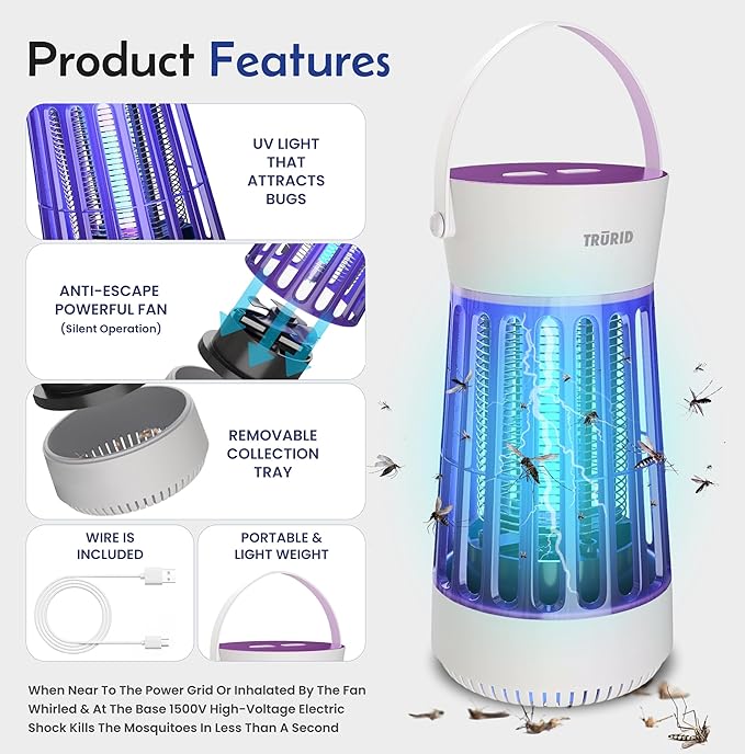 Fly Trap Indoor Bug Zapper, UV LED Mosquito Repellent Outdoor Patio, Portable Electric Zapper with Fan and Easy-Empty Tray, Ideal for Indoor Use