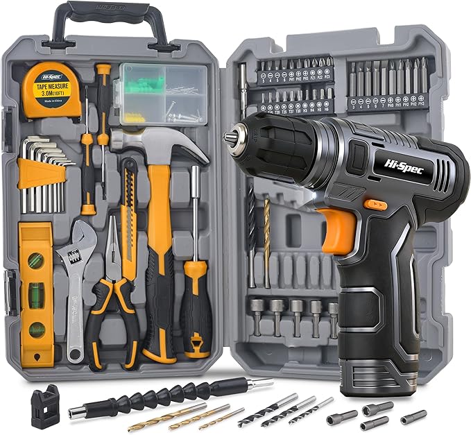 Hi-Spec Tool Kit with 8V Cordless Drill Set. Complete DIY Tool Set for Essential Everyday Home Repair & Maintenance. USB Rechargeable Electric Drill in a Compact Toolbox Case.