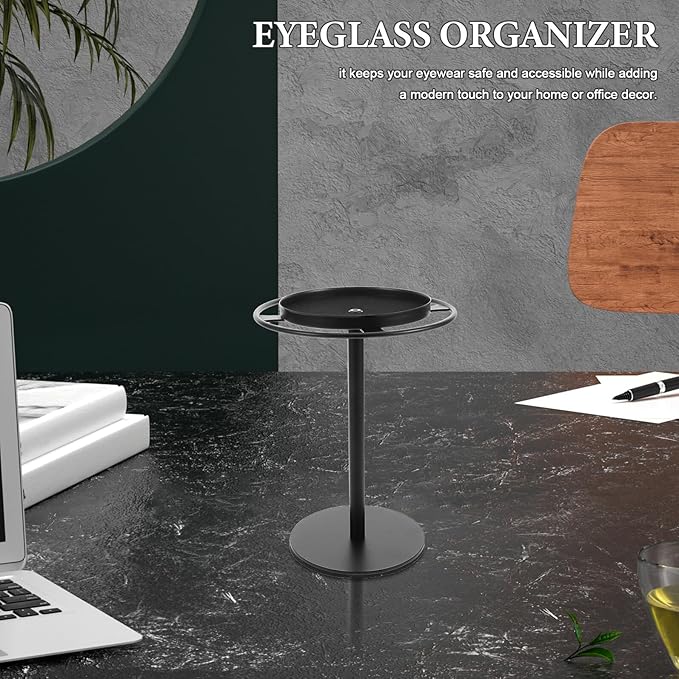 Metal Eyeglass Organizer with Storage Tray, Glasses Holder Rack for Desk, Sunglasses Shelf Desktop Organizer, Black Metal Eyewear Storage Stand for Home and Office