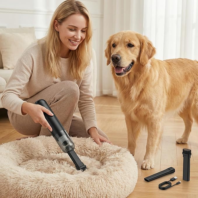 QQT Portable Cordless Handheld Vacuum Cleaner,8000/10000Pa Strong Suction,4-in-1 Mini Vacuum with 2 Modes,Practical and Detachable Nozzles,Lightweight for Home,Office, Car,Pet Hair Cleaning,Black