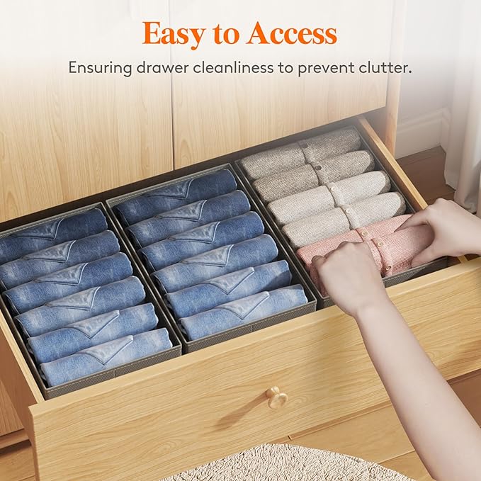 Lifewit 4 Pack Clothes Organizer, 6 Grids Closet Jean Storage Bins with Handles and Support Boards, Foldable Drawer Organizer for Sweater, Pants, T-shirt, Dress, Grey, 42 x 27 x 17 cm/16x10x7''