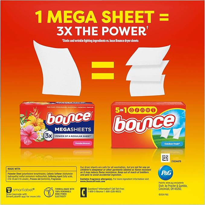 Bounce Mega Dryer Sheets, Paradise Blossom, 130 Count, Mega Fabric Softener Sheets with Static Control, Wrinkle Reduction, Extra Softness, Lasting Scent, Repels Lint