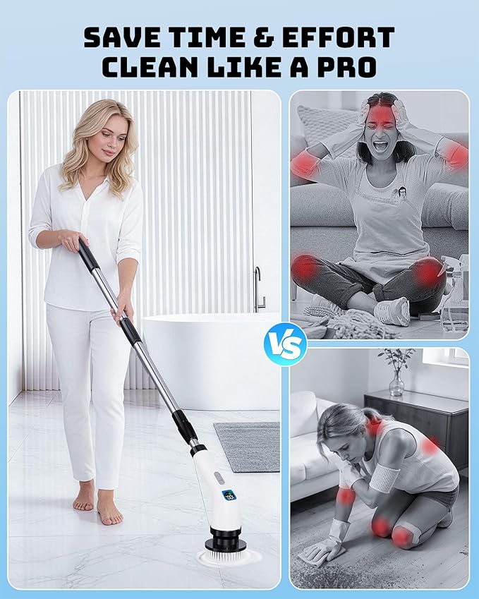 Electric Spin Scrubber, IPX7 Shower Scrubber 7 Replaceable Brush Heads-90Mins Work Time, 2-Speed Adjustable Bathroom Scrubber 3-Height Adjustable Handle Cordless Tub Scrubber for Bathtub Kitchen Glass