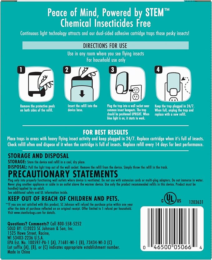 STEM Insect Light Trap Refill Cartridges, Indoor Fruit Fly Trap, Insecticide-Free Pest Control for Home, Attracts and Traps Flying Insects, Official STEM Refills - 4 Count