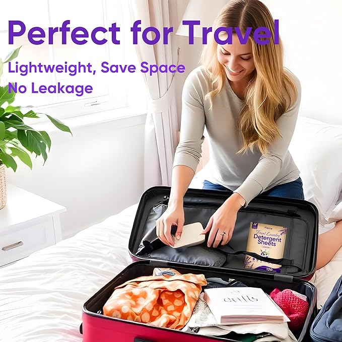 Travel Laundry Detergent Sheets Eco-friendly 120 Loads Fisroa Clothes Washing Detergent Sheets Plastic-Free Washer Strips, Lavender Liquidless Laundry Strips