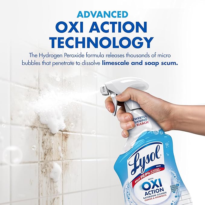 LYSOL Bathroom Cleaner Spray with OXI Action (Hydrogen Peroxide), 0% Bleach Formula, Multipurpose Disinfecting Cleaner for Tub, Tile & Shower, Removes Soap Scum & Limescale, Spring Breeze Scent, 32oz