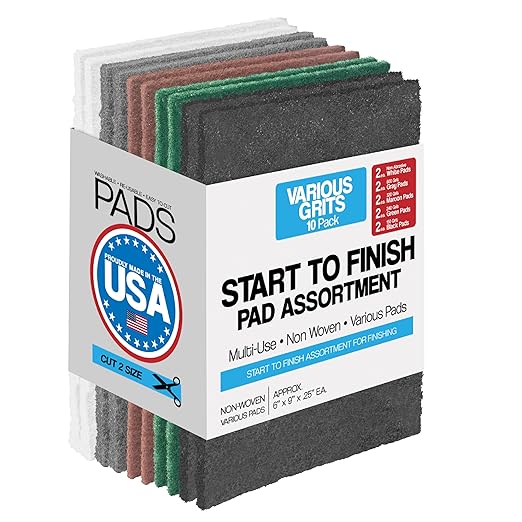 6" x 9" Non-Woven Surf Prep Sanding Pads for Wood, Metal, Polish, Strip Paint, Remove Rust, Deburring, Extra Coarse to Very Fine Scuff Pads - 150 240 320 800 Grit & Non-Abrasive - 10 Pack (Assorted)