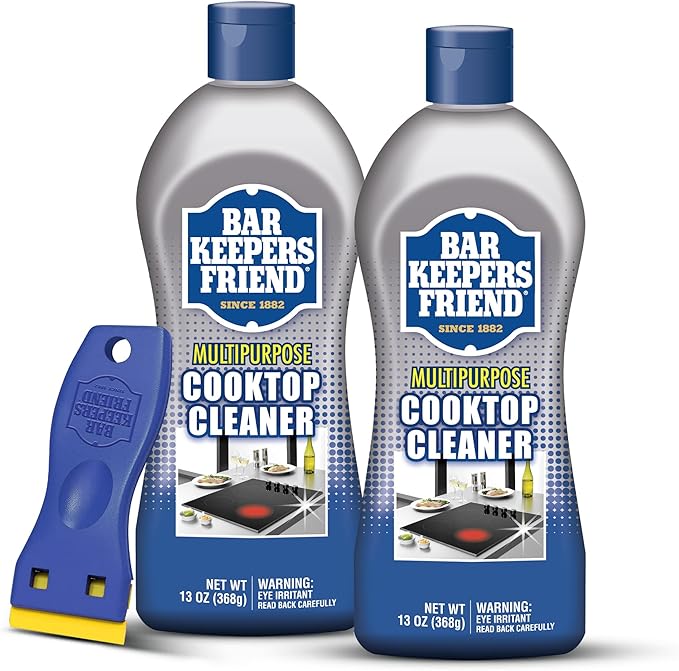 Bar Keepers Friend Cooktop Cleaner (2 x13 oz) + Scraper - Multipurpose Liquid Stovetop Cleanser, Safe for Use on Glass & Ceramic Cooking Surfaces, Copper, Brass, Chrome, Stainless Steel & Porcelain
