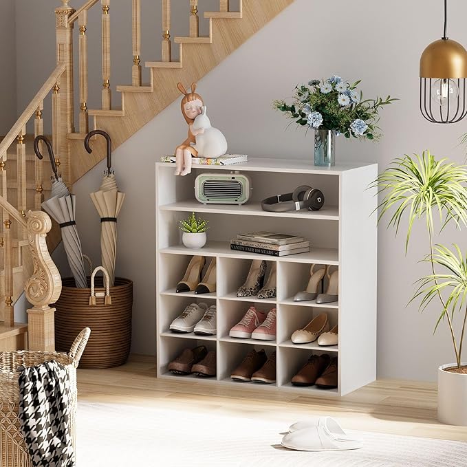 Garden 4 you Shoe Rack Organizer, 5-Tier Wood Cubby Shoe Rack with 2 Storage Shelf and 9 Cubbies, Shoe Organizer Cabinet for Entryway, Hallway, Closet and Garage, White