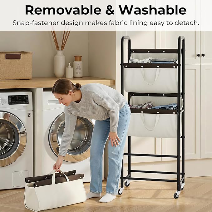 GRANNY SAYS 3 Tier Laundry Sorter, Laundry Basket with Wheels, Laundry Room Organization and Storage, 3 Section Rolling Laundry Cart for Dorm, Bathroom, Bedroom, Closet, Beige