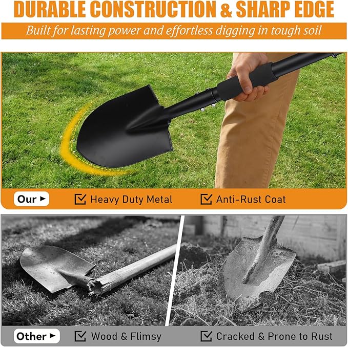 Garden Shovels for Digging, 31 Inch Small Shovel, Heavy Duty Metal Digging Shovel with D-Handle Grip, Short Kids Shovels for Digging, Mini Spade Shovel for Gardening, Camping, Beach, Car, Snow Removal