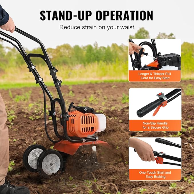 VEVOR Tiller Cultivator Gas Powered, 43CC 2-Stroke Garden Cultivator, Tiller with 4 Steel Adjustable Front Tines for Lawn, Garden and Field Soil Cultivation