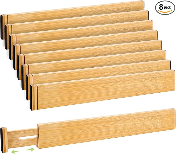 Fyvva Drawer Divider, Adjustable Bamboo Kitchen Drawer Organizer, Spring Loaded Drawer Organizer, Dresser Separators for Kitchen, Bathroom, Clothes, Office Desk Storage (Natural, 8 Pack Large)