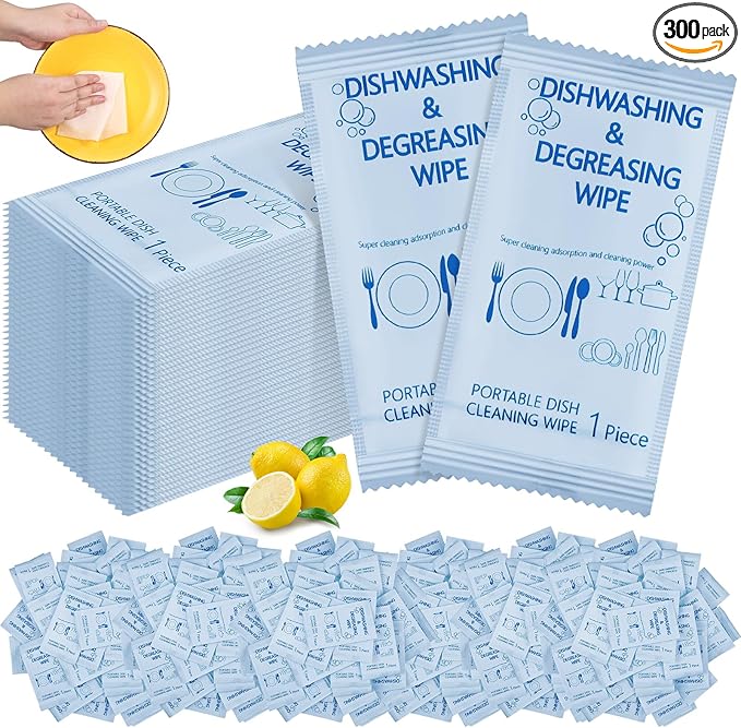 Tondiamo 300 Pcs Travel Dish Soap Wipes Individually Wrapped Dish Cleaning Wipes Disposable Portable Cleaner with Lemon Scent for Camping Kitchen Outdoor Traveling Quick Clean