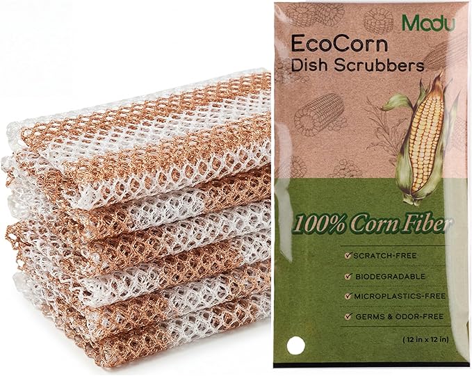 Modu 6 Pack EcoCorn Dish Sponges Scrubbers – 100% Corn Fiber, Biodegradable Kitchen Scrub Pads for Multipurpose Household Cleaning, Odor-Free, Plastic-Free Kitchen Mesh Net (Thin & Foamy 6 Count)