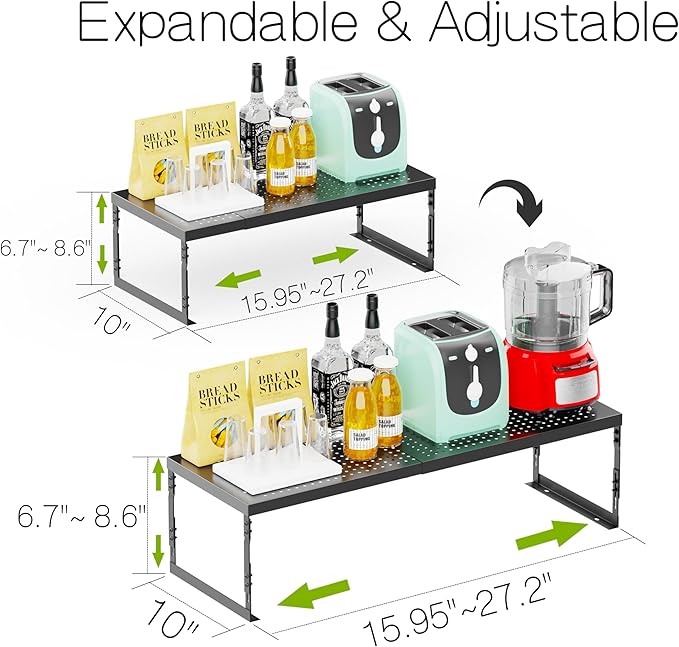 Jojocross Adjustable Stackable Metal Storage Shelf Organizer - Expandable Wire Rack with Perforations for Kitchen, Pantry, Bathroom, Cabinet & Office-Compact, Durable & Sturdy (3PACKS/Large/Black)