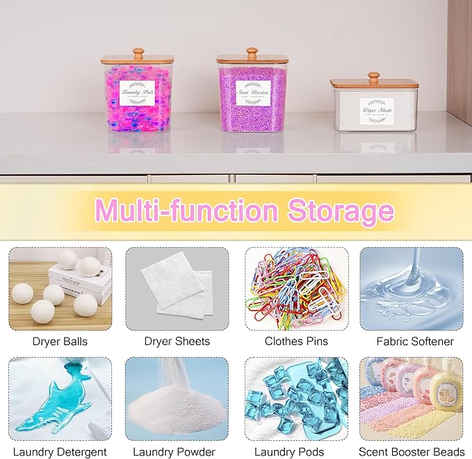 efluky 3 Pack Laundry Pods Container & Dryer Sheet Holder Set, Clear Laundry Room Organization Containers with Bamboo Lids and Labels, Detergent Pods Storage for Scent Booster, Powder