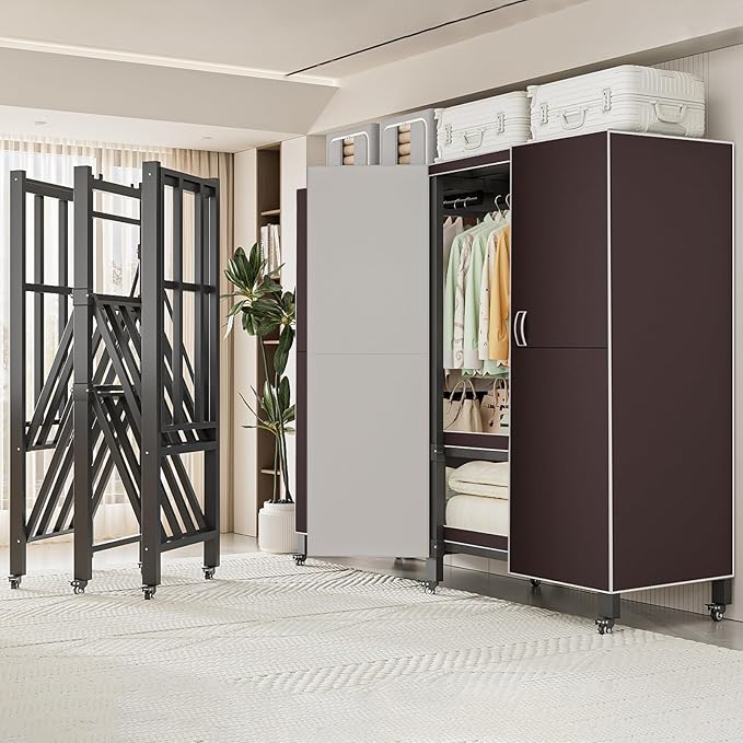 Heavy Duty Covered Clothes Rack with Magnetic Door Foldable Portable Wardrobe Closet for Hanging Clothing Rolling Black Metal Garment Rack on Wheels Closet System (Brown, 74.7in)