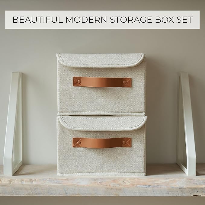 Decorative Linen Storage Boxes with Lids - Spacious Set of 2 Organizer Bins for Your Home Decor - The Perfect Small Container to Safely Store Photos, Documents and Memory Box Keepsakes in Style