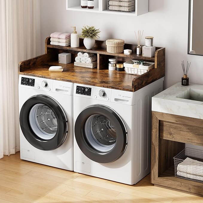 Garvee 54" Washer Dryer Countertop with 2-Tier Shelf, Wooden Laundry Countertop with Non-Slip Pad and Guard Rails, Washer and Dryer Topper for Laundry Room Organization