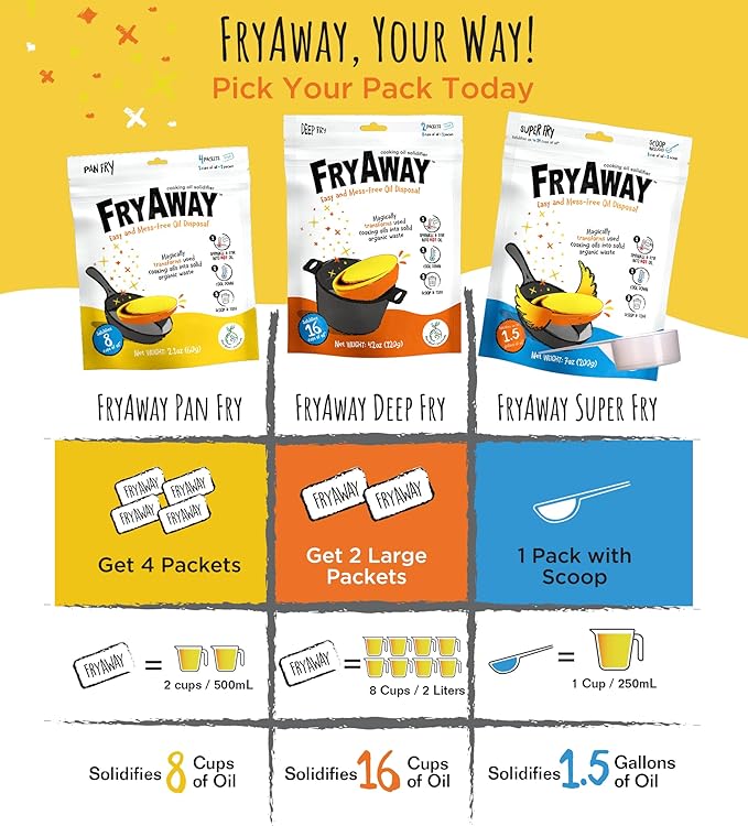 FryAway® Super Fry Cooking Oil Solidifier, Super Value 10-Pack (10 Pouches with Scoops, 240 Cups Total), Plant-Based Grease Solidifier Powder for Oil & Kitchen Grease Disposal, Shark Tank, Made in USA