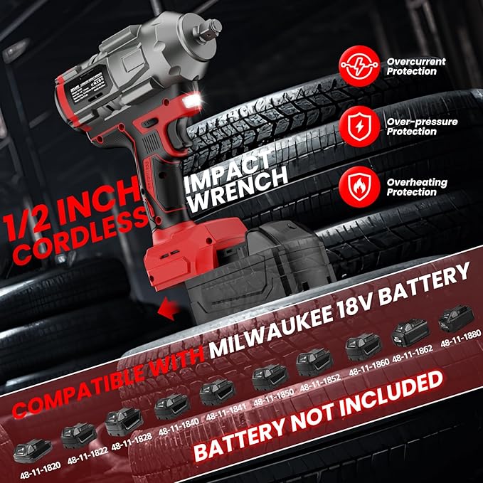 Cordless Impact Wrench 1/2 inch for Milwaukee 18V Battery, Impact Wrench 1360N.m(950Ft-lbs) High Torque Brushless Electric Impact Gun, Power Impact Driver with 3-Mode Speed, LED Work Light(no battery)