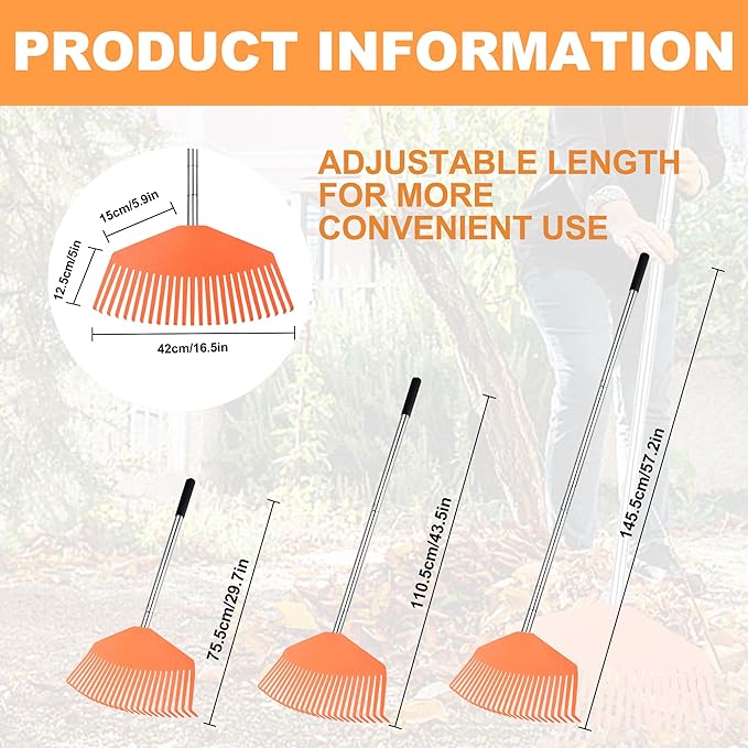 16.5-Inch Wide Adjustable Handle Leaf Rake - Plastic Rake Head, Lightweight & Compact, Used for Leaf Collection, Suitable for Small-Scale Cleanup, Ideal for Seniors and Kids