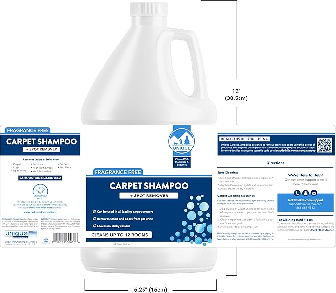 Unique Carpet Shampoo & Stain Remover, 128 oz - Pet Odor Eliminator and Bacteria and Enzyme Cleaner for Cat Urine, Dog Urine, Red Wine, Old Stains - Carpet Cleaner Spray for Machines & Manual Use