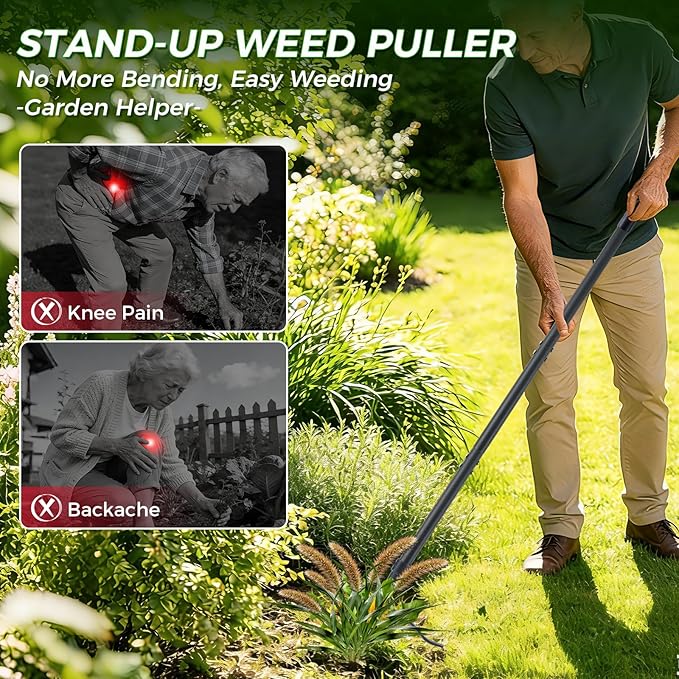 Weed Puller, Stand Up Weed Puller Tool with Steel Long Handle & 4-Claw Steel Head, 46" Adjustable Handle Weeder Tool, Easily Remove Weeds Root Without Bending, Pulling, or Kneeling