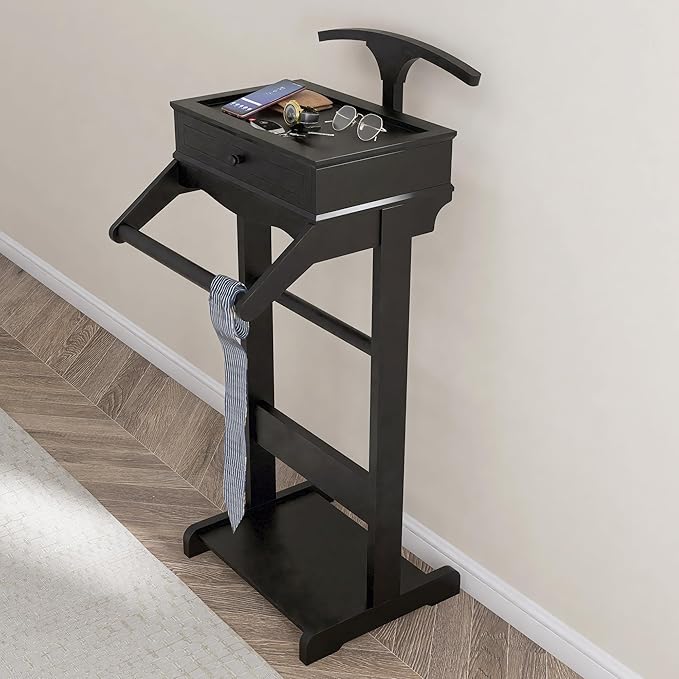 Clothes Valet Stand for Men, Wooden Clothing Rack with Drawer, Hanger, Tray, Drawer, Rods, Women Garment Valet for Bedroom, Living Room, Entryway, Office, Black