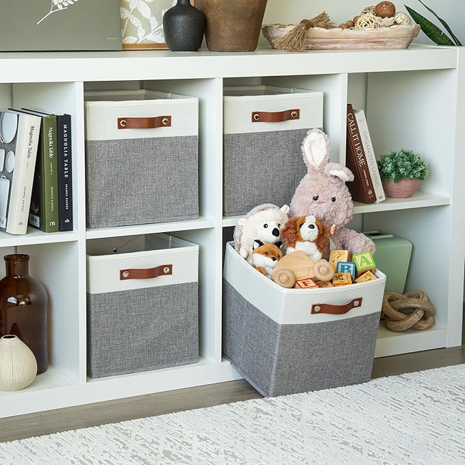 OrganiHaus 11" x 11" x 11" Fabric Cube Storage Bins Set of 4, Foldable Collapsible Canvas Storage Bins for Organizer, 11 inch Cubbies Organizer for Kallax, Linen Cube Shelf Baskets - Grey/White