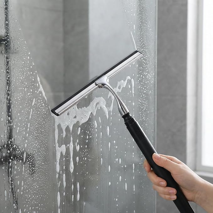 2 in 1 Window Squeegee, Shower Squeegee Window Cleaning Kit with Extension Pole Long Handle Squeegee for Shower Glass Floor Bathroom Home Outdoor, 12 inch Wide, Black