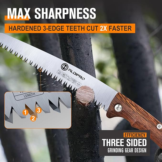 Folding Pruning Saw 10 Inch with Leather Sheath and Wenge Wooden Handle, SK5 Steel Blade, Foldable Hand Saw for Camping, Survival, Wood Cutting, Bushcraft and Tree Trimming