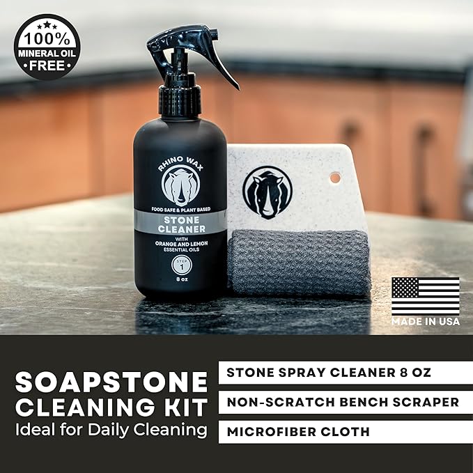 Soapstone Cleaning Kit - Includes Stone Spray Cleaner, Scraper, Microfiber Cloth - Food Safe - Natural Ingredients - Safely Clean Soapstone, Slate, Granite, Quartz, Marble, Concrete - USA