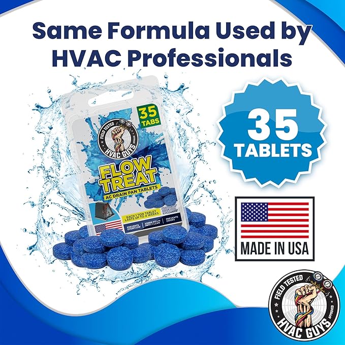 AC Drain Pan Tablets 35PK | Flow Treat Tablets Prevents Odors, Keeps HVAC Drain Pan Clean, Prevents Overflow | One Tablet Lasts up to 4 Weeks