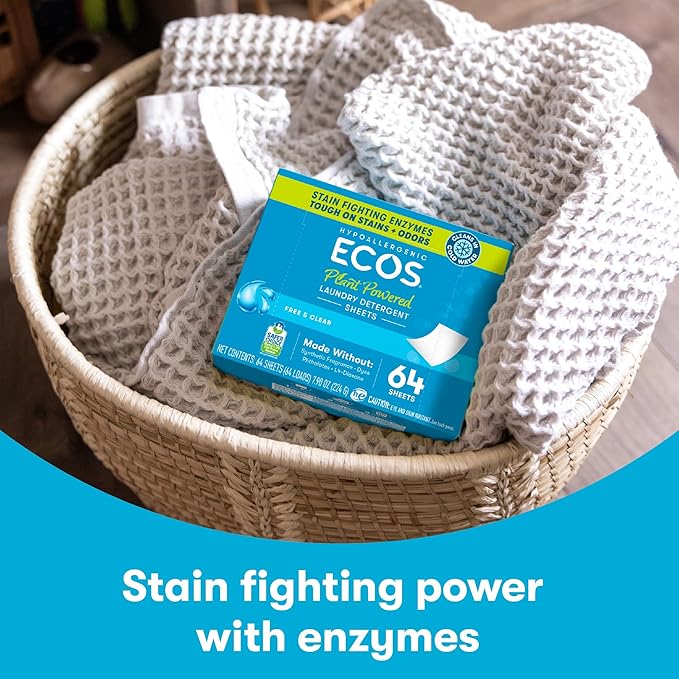 ECOS Laundry Detergent Sheets Vegan, No Plastic Jug, No Mess, Liquid Free - Hypoallergenic, Plant Powered Laundry Detergent Sheet - Magnolia & Lily - 64 Count (Pack of 1)