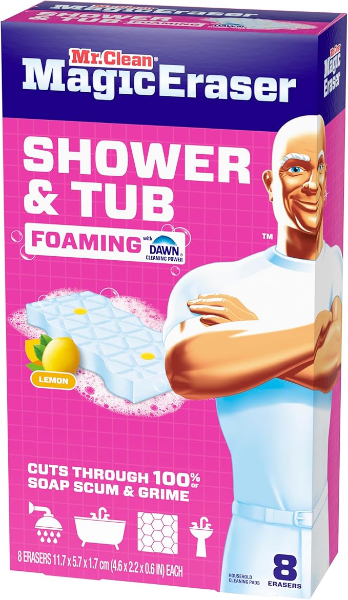 Mr. Clean Magic Eraser Sponge, Bathroom, Shower, Tub Cleaner, Soap Scum Remover, Bathroom Cleaning Supplies, Dawn Cleaning Power with Lemon Scent, Shower & Tub, 8ct