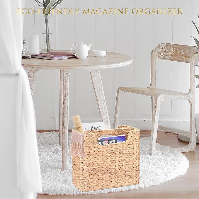 Magazines Holder - Wicker Magazine Rack, Handwoven Magazine Holders for Bathroom, Magazine Organizer for Books, Newspaper, Water Hyacinth Magazine Basket, 14.2 x 11.4 x 6.7 inch