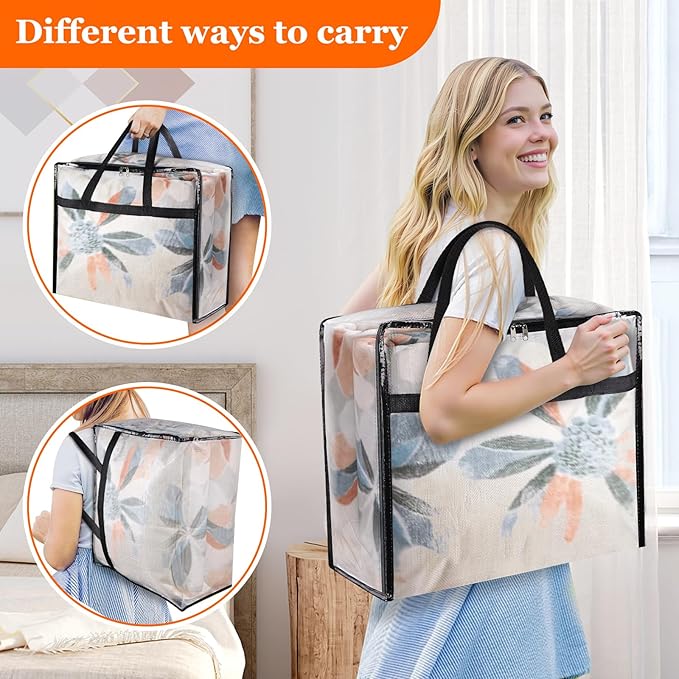TasticTotes 8 Pack Clear Storage Bags for Comforter, Clothes & Bedding, Plastic Blanket Storage with Zipper and Handle, Moving Bags, Closet Organizer and Under-Bed Storage (90L)