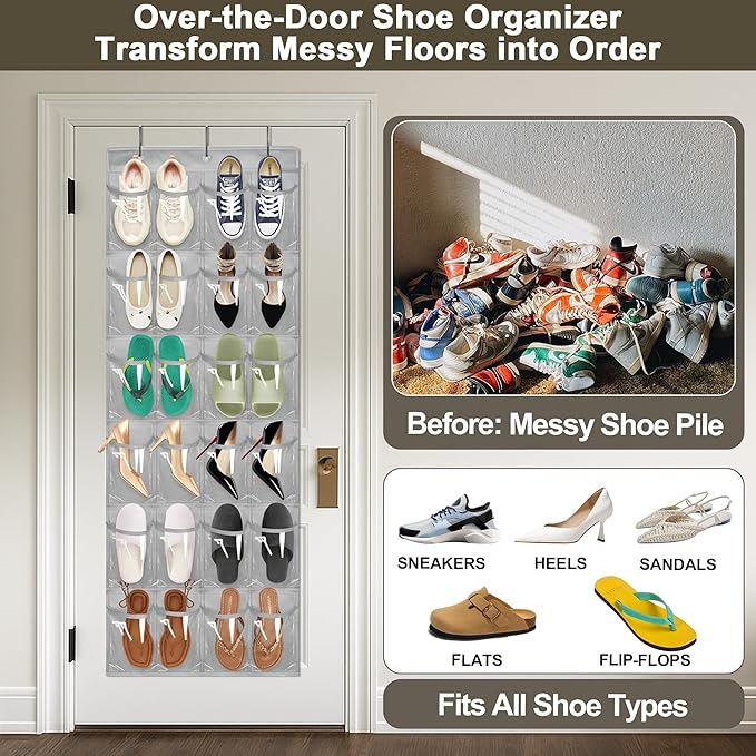 Over The Door Shoe Organizer - Space Saving Shoe Rack for Closet Door with 24 Crystal Clear Pockets and Metal Hooks, Shoe Holder Back of Door Organizers for Shoes, Gray Hanging Shoe Organizer (Gray)