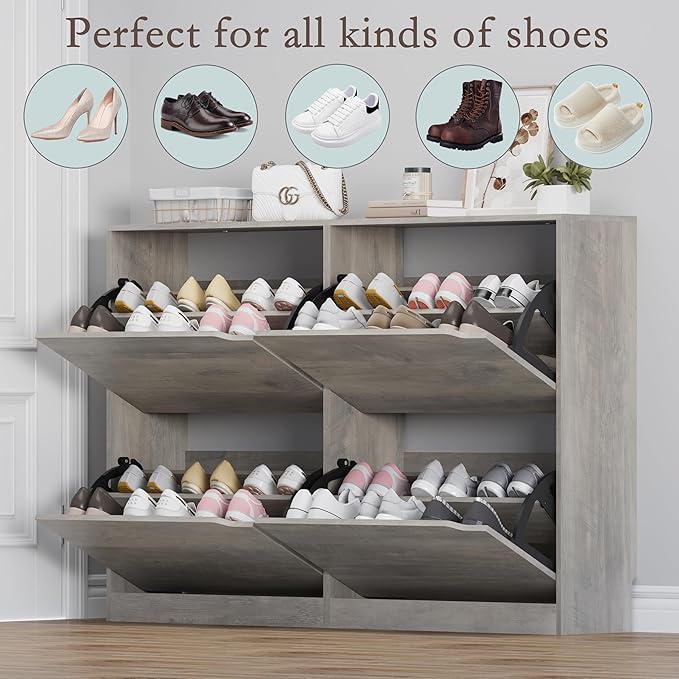 BORNOON Shoe Cabinet with 4 Flip Drawers, Narrow Hidden Shoe Storage Cabinet, Slim Freestanding Shoe Rack Organizer for Entryway, Hallway, Bedroom, Living Room