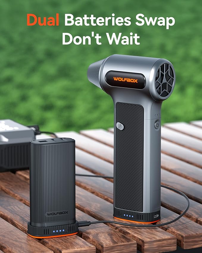 WOLFBOX MF200-2PK Compressed Air Duster - 2 Swappable Battery Packs & Case, Hurricane-Force Electric Air Blower for PC, Car Detailing, Camping & Home, High-Pressure Duster for Narrow Gaps & Crevices