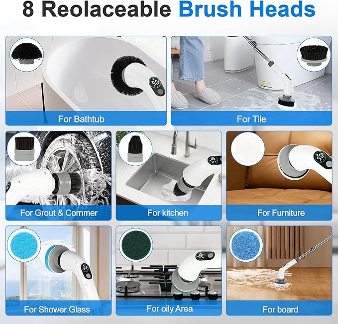 Electric Spin Scrubber, 550 RPM Cordless Home Cleaning Brush with Extended Handle, 3 Speeds, 8 Replacement Heads, IPX7 Waterproof, LCD Display – Power Shower Scrubber for Bathroom, Tub, Floor, Tile