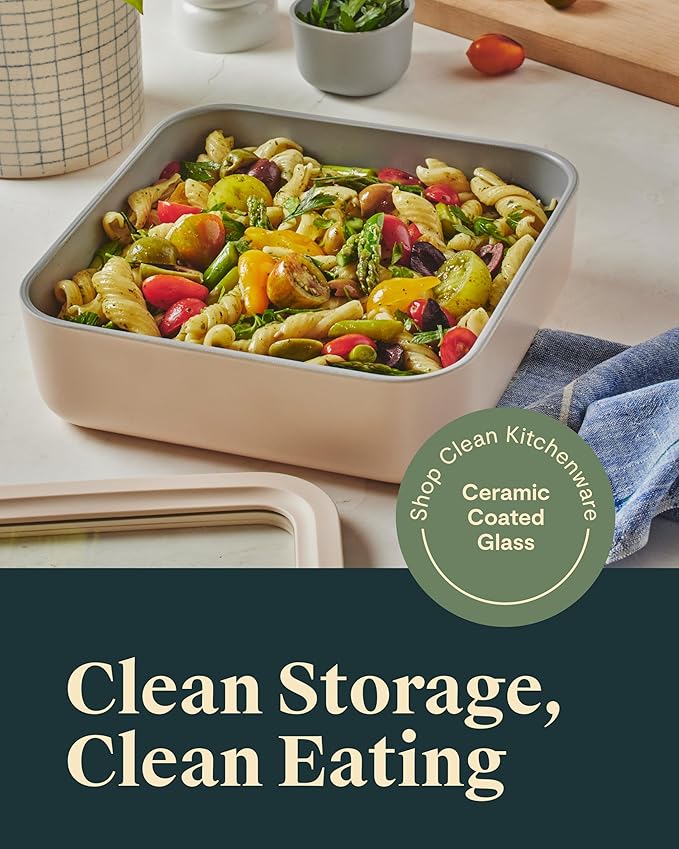 Caraway Glass Food Storage - 10 Cup Glass Container - Ceramic Coated Food Container - Non Stick Lunch Box with Lids - Dishwasher, Oven, & Microwave Safe - Square Shape - Navy
