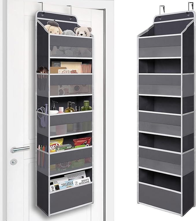 TYMENSH Over Door Organizer with 5 Large Pockets, Heavy Duty Hanging Organizer Storage, Closet Bathroom Nursery Bedroom Dorm, Toys Cosmetics Sundries and Baby Essentials, Gray