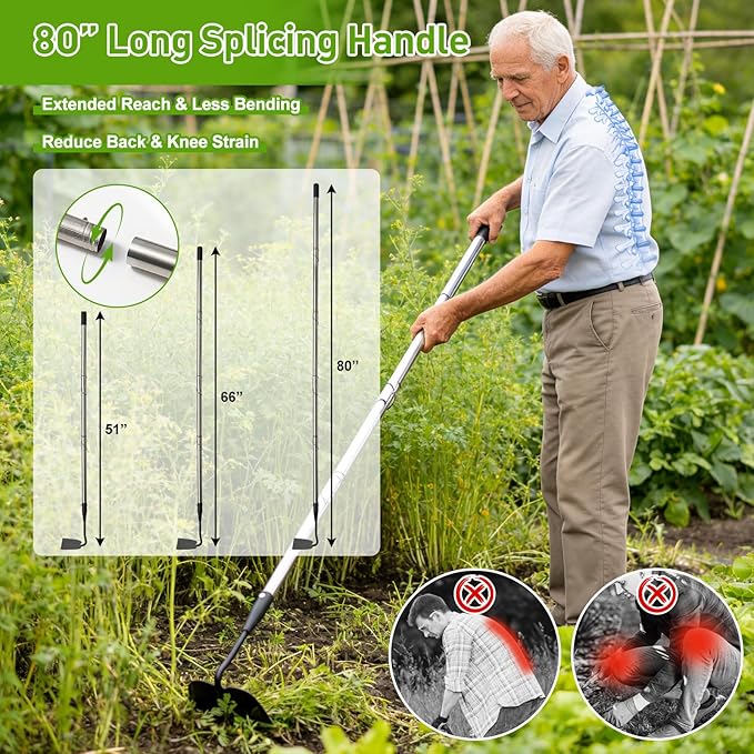 Garden Hoe for Weeding, Heavy Duty Draw Hoe Garden Tool for Plowing,Cultivating,Trenching, Ridging,Tilling Loosening Soil,Scraping Weeder with 74” Handle for Stand Gardening, Reduce Back Strain