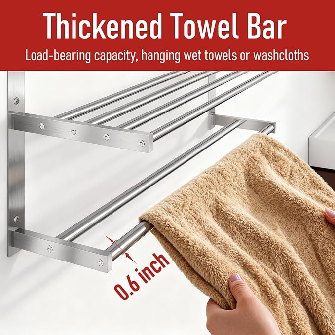 Towel Rack with Shelf 24 inch, 3 Tier Towel Racks for Bathroom Wall Mounted, Stainless Steel Bathroom Shelf with Double Towel Bars, Hotel Bath Towels Storage, Brushed Nickel