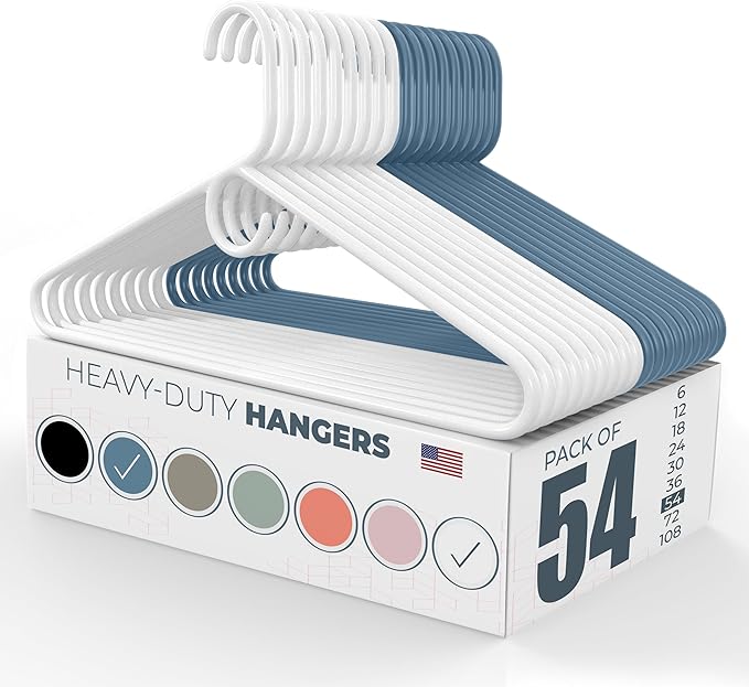 Neaties Heavy Duty Clothes Hangers 50 Pack (54 Count) – Made in the USA – 8lb Capacity Plastic Hangers for Adult Clothing – Durable for Pants, Coats, Jackets, or Jeans – White & Blue