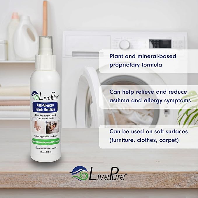 LivePure Anti-Allergen 3 OZ Fabric Spray for Household Surfaces. Plant-Based Allergy Spray for Dust Mites and Pet Dander. Fragrance Free - 5 Pack