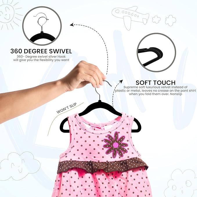 Utopia Home Kids Hangers Velvet (150 Pack) - 11 Inch Durable Baby Hangers for Closet - Perfect for Toddler & Non Slip for Everyday Use (Black)